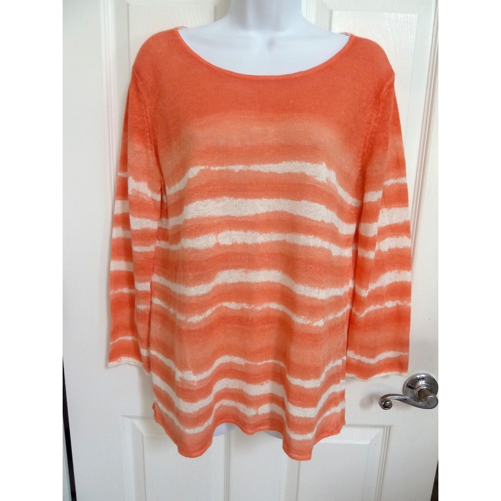 Tommy Bahama Women Medium Linen Sweater Stripe Coral White Beach Coastal